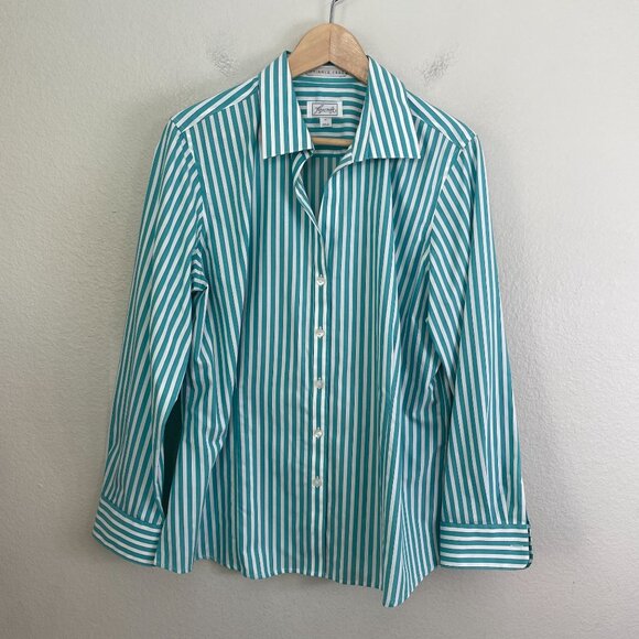 Foxcroft Womens XL Wrinkle Free Turquoise White Striped Button Up Shirt Blouse - Picture 7 of 10